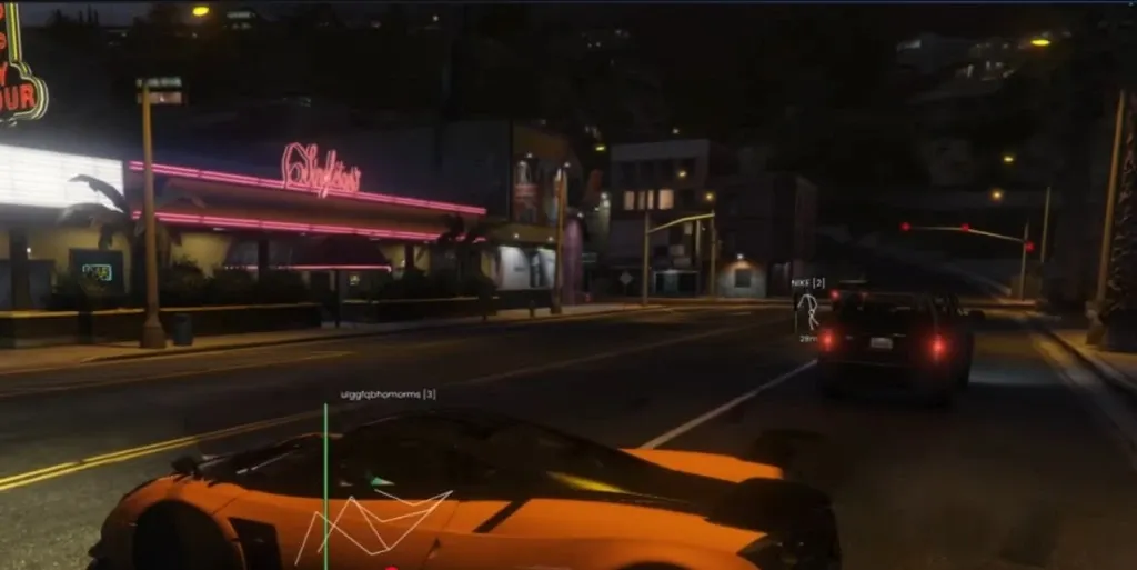 FiveM Cheats player ESP — skeleton overlay, distance labels, and vehicle markers at night